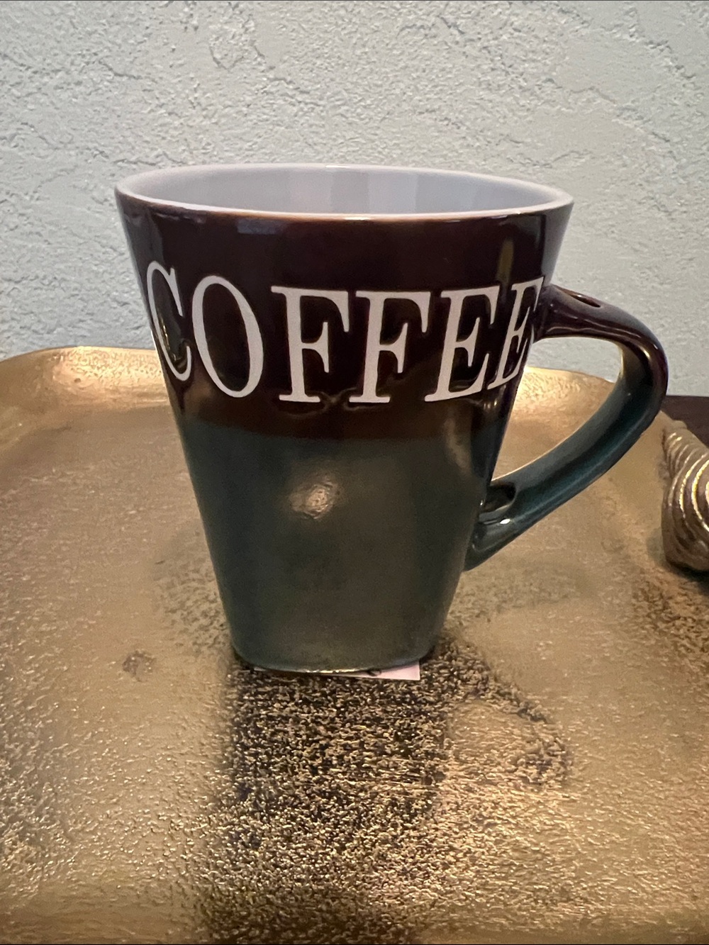 #2007**COFFEE Hunter Green Ceramic Mug in Brown and Teal